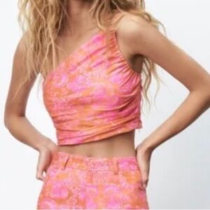 NWOT Zara Linen One Shoulder Crop Top in Pink/Orange Size S